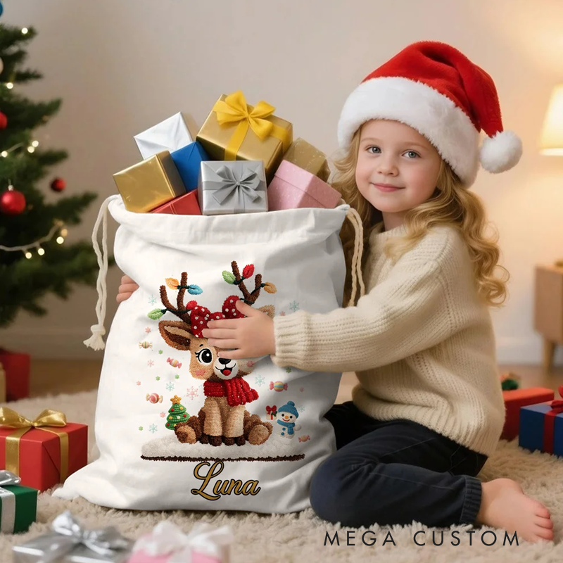 Personalized Cute Cartoon Reindeer Canvas Drawstring Gift Bag with Name Christmas Gift for Kids Family Friends