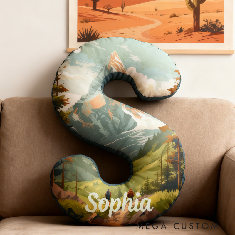 Personalized Mountain Landscape Custom Initial Pillow Custom Outdoor Hiking Lover Pillow Gift for Outdoor Nature Adventure
