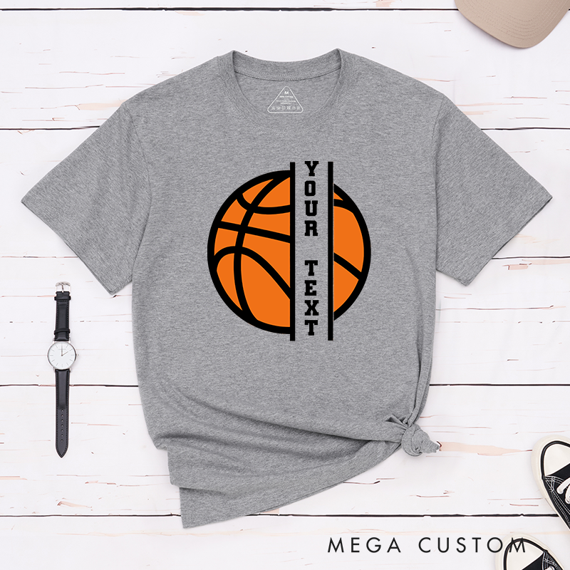 Personalized Basketball T-Shirt Design Featuring Custom Vertical Text Centered Over a Bold Orange Basketball Graphic