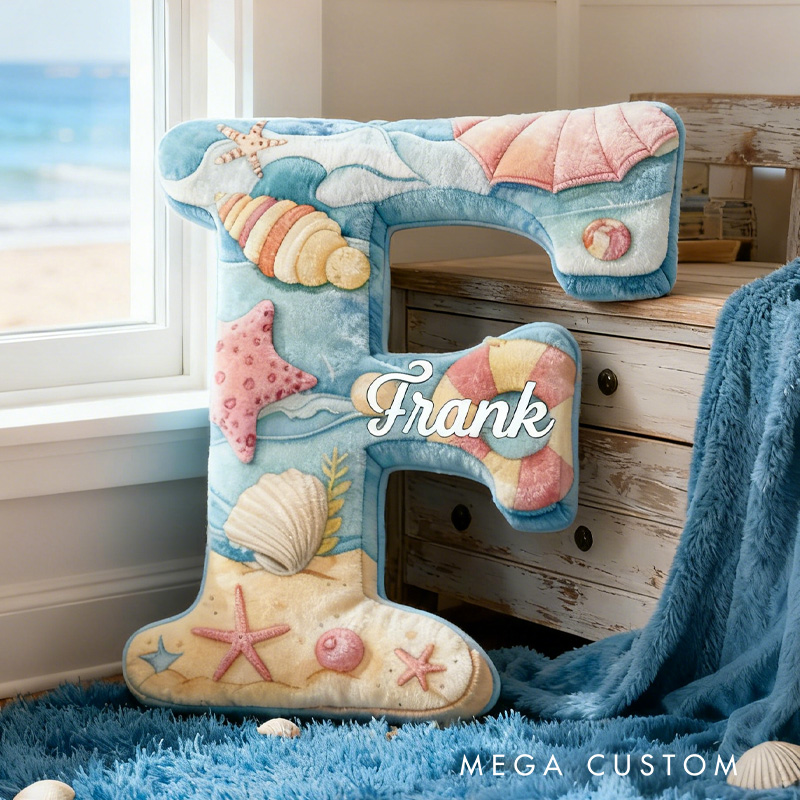 Personalized Beach Travel Alphabet Throw Pillow Seashell Letter Pillow with Name Sea Initial Pillow for Kids Boys Girls Travelling Lover Christmas Gift