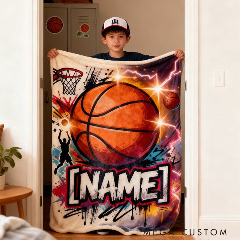 Personalized Basketball Blanket with Custom Name and Dynamic Artwork for Basketball Fans