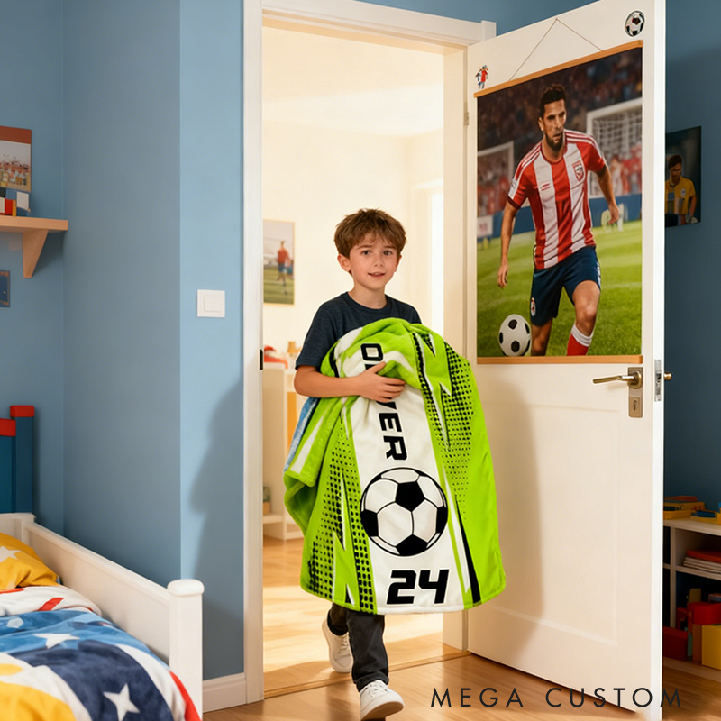 Personalized Soccer Blanket with Custom Name and Jersey Number for Soccer Fans. 
