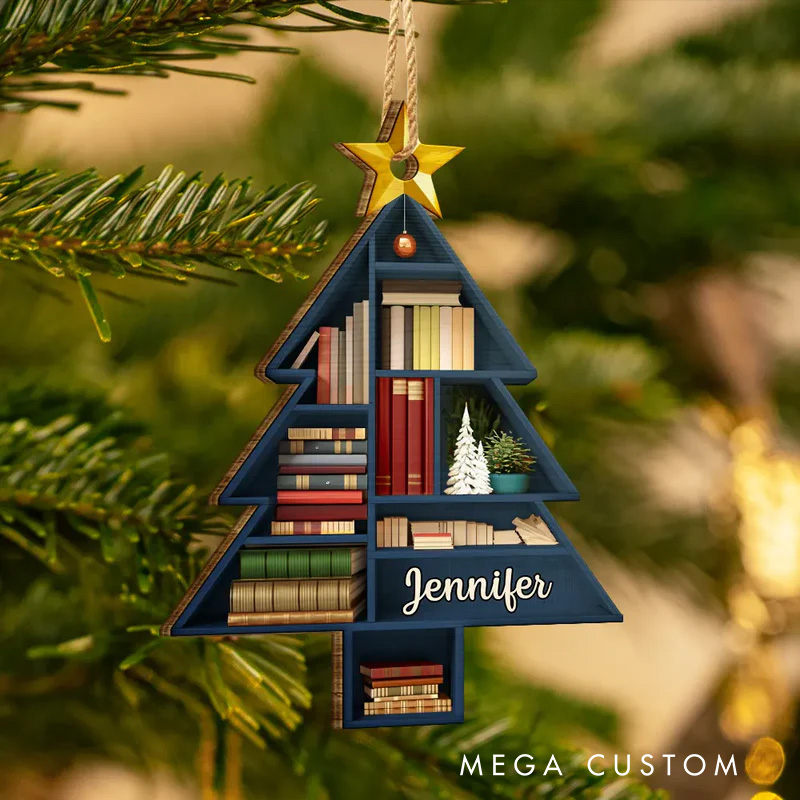 Personalized Reading Bookshelves Christmas Tree Acrylic Ornament with Name Bookish Christmas Ornament Gift for Book Club Librarian Book Lovers