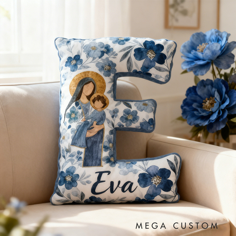 Personalized the Virgin Mary and Baby Jesus Letter Pillow with Custom Name Religious Home Decor Christian Gift Blue Floral Graphic 3D Print Pillow