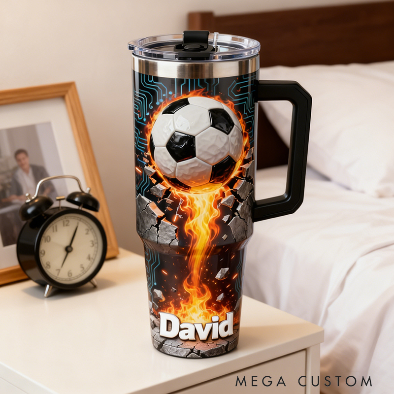 Personalized Soccer Tumbler with Custom Name and Flaming Ball Design for Fans and Athletes