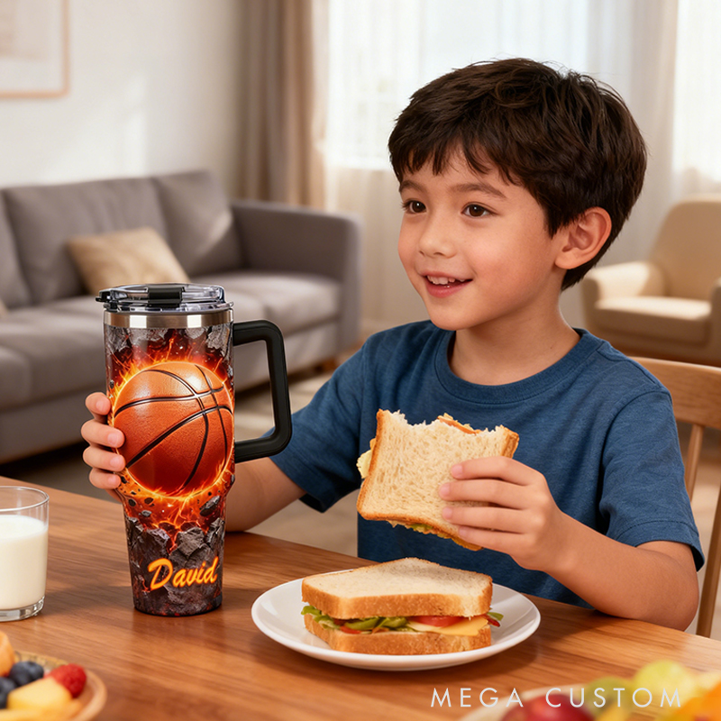 Personalized Basketball Tumbler with Custom Name and Fiery Design for Fans and Players