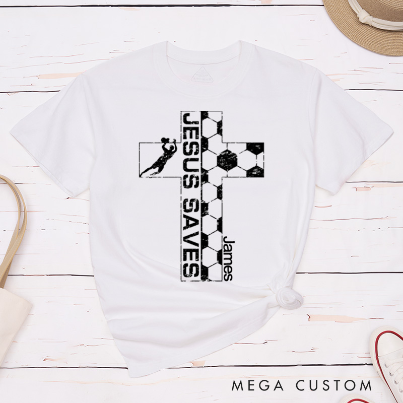 Personalized Jesus Saves Christian Cross Soccer Goalie Goalkeeper Classic T-Shirt Vintage Distressed Style Easter Birthday Gift for Men