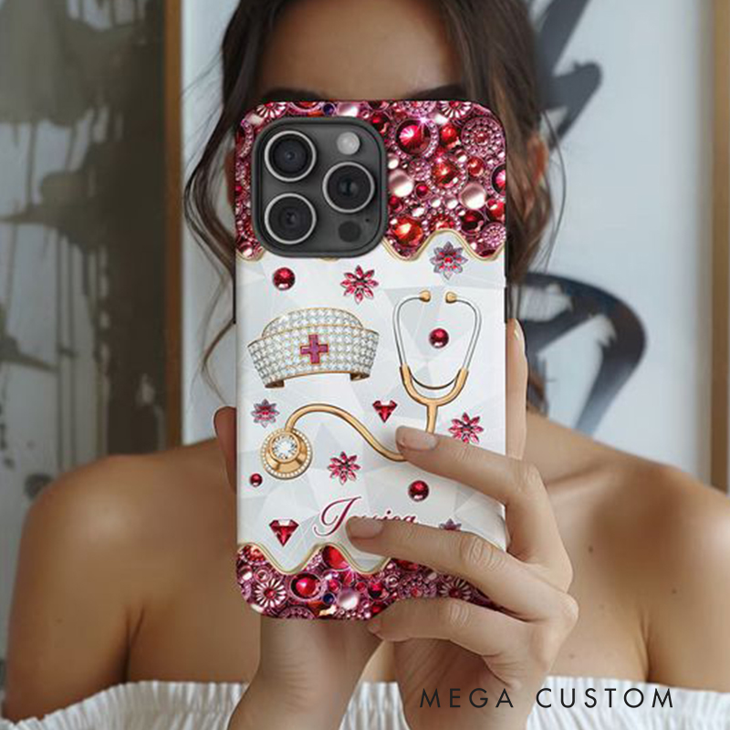 Personalized Nurse Phone Case Custom Name Nursing Hat and Stethoscope Design Gift for Nurses and Healthcare Workers