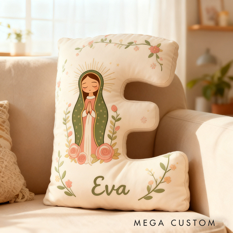 Personalized Cute Our Lady of Guadalupe Letter Pillow with Custom Name Kids Room Decor Catholic Gift for Women Baptism Gift Graphic 3D Print Pillow