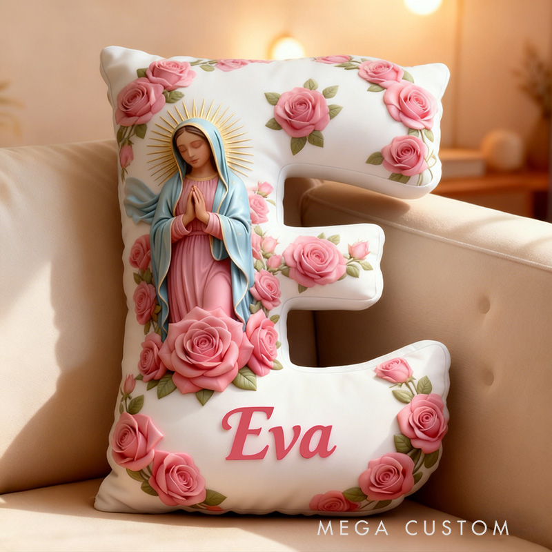 Personalized Virgin of Guadalupe Letter Pillow with Custom Name Religious Home Decor Catholic Prayer Gift for Her Pink Rose Graphic 3D Print Pillow