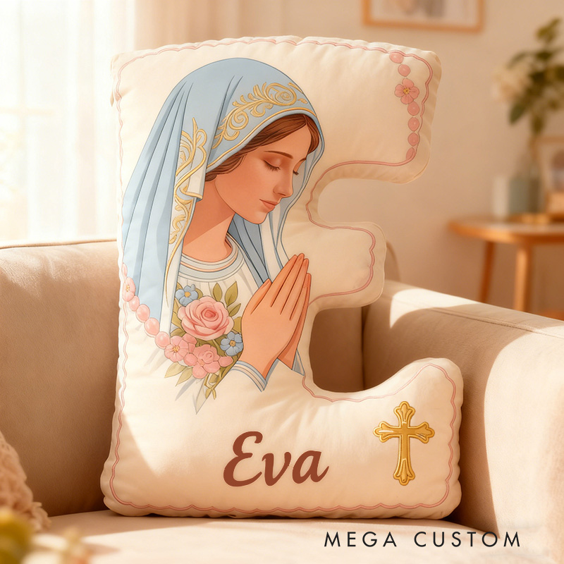 Personalized Virgin Mary Letter Pillow with Custom Name Religious Home Decor Catholic Gift for Her Gift for Prayer Faith Cross Graphic 3D Print Pillow