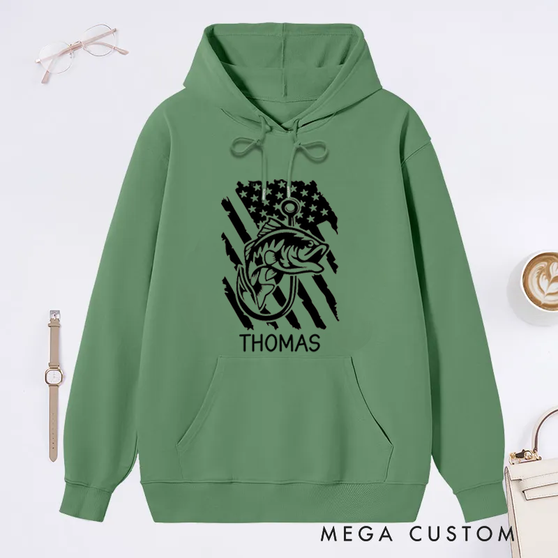 Personalized Fishing Hoodie with American Flag and Fish Design Custom Name Perfect Gift for Fishing Lovers
