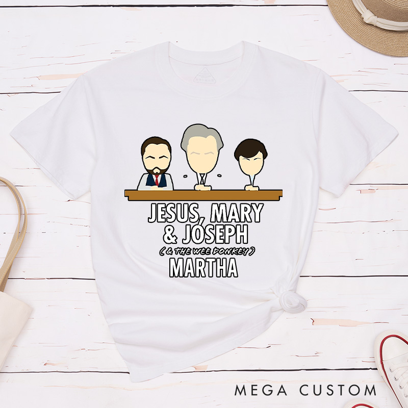 Personalized Jesus Mary Joseph & the Wee Donkey Cotton T-Shirt with Name Christian Classic T-Shirt Jesus Shirt Funny Christian Gift for Jesus Lover