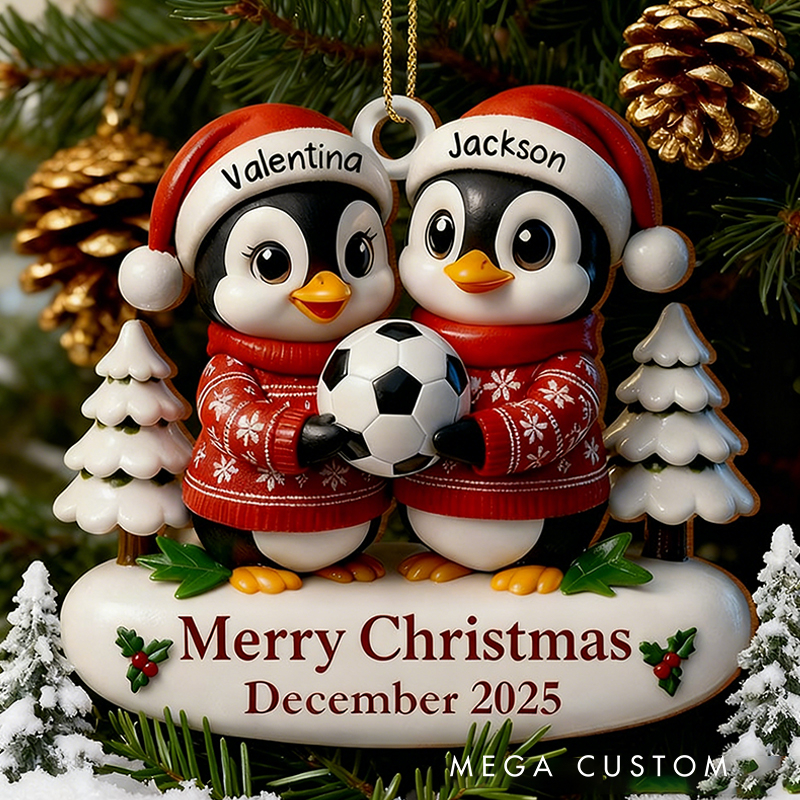 Personalized Acrylic Penguin Couple Soccer Christmas Ornament with Custom Names and Merry Christmas Message