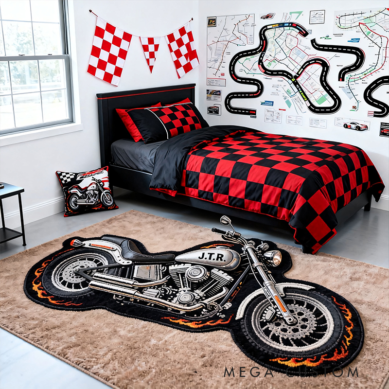 Personalized Motorcycle Shaped Rug Custom Name and Design Choice Gift for Bikers and Garage Decor