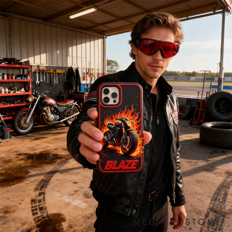 Personalized Motorcycle Flame Phone Case Custom Name and Bike Style Gift for Bikers and Racing Lovers