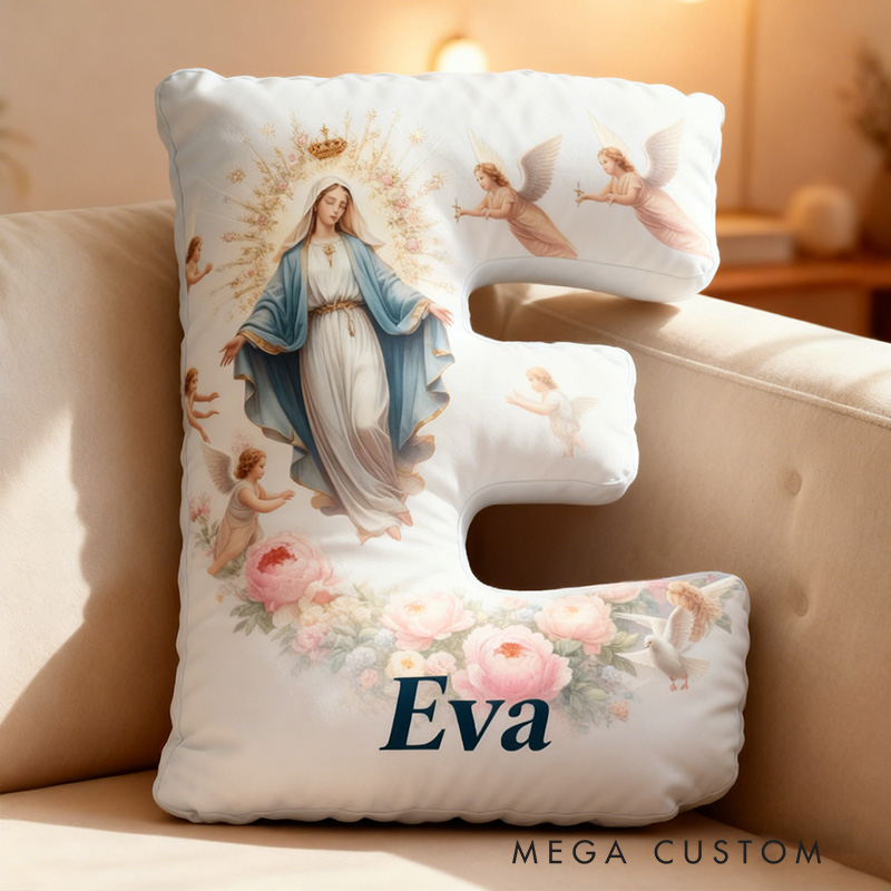 Personalized Virgin Mary Surrounded by Angels Letter Pillow with Custom Name Religious Home Decor Catholic Gift for Her Floral Graphic 3D Print Pillow