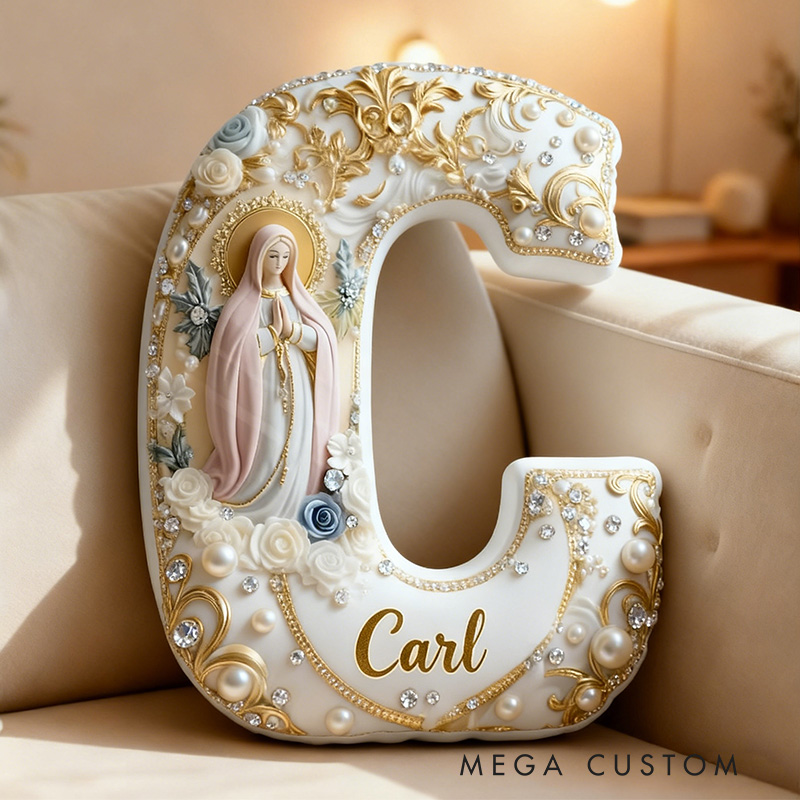 Personalized Virgin Mary Letter Pillow with Custom Name Religious Home Decor Catholic Gift for Her Pray Gift Pearl and Floral Graphic 3D Print Pillow