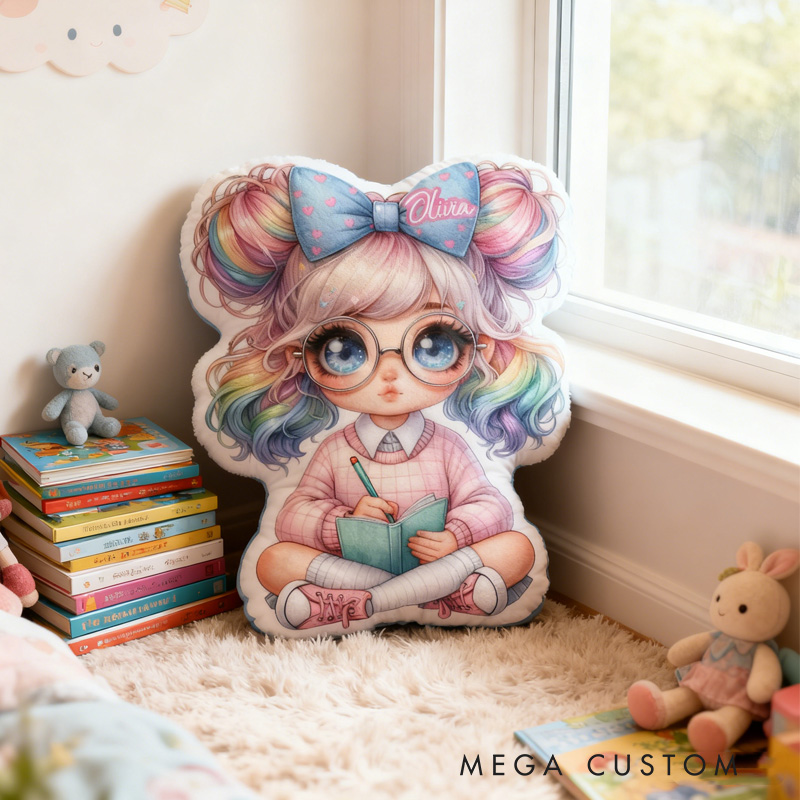 Personalized Cute Girl with Colorful Bow Hair Design Throw Pillow Cartoon Girl Pillow with Name Book Initial Pillow for Kids Boys Girls Book Lover Christmas Gift