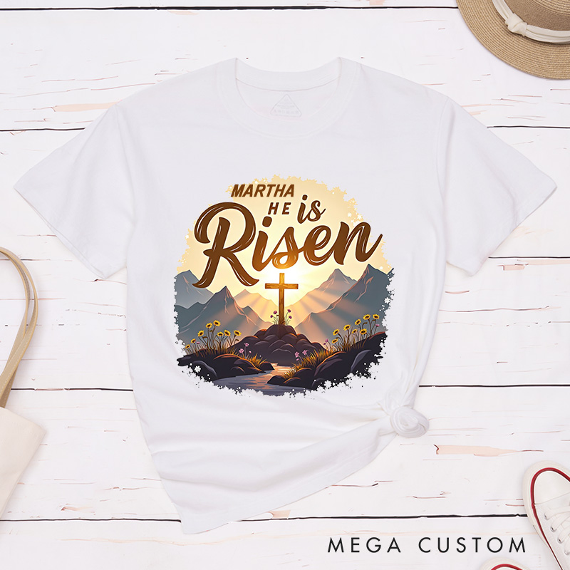 Personalized He is Risen Glory Classic T-Shirt with Name Radiant Resurrection Cross in Mountain Christian Cotton T-Shirt Christian Gift Easter Gift 
