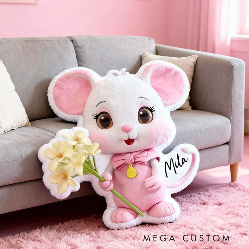 Personalized Cartoon-Shaped Pillow Cute Mouse with Flowers Design Perfect Gift for Girls