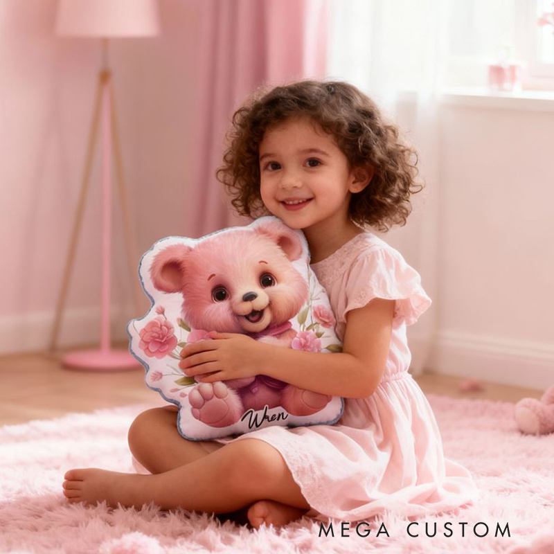 Personalized Pink Bear Pillow with Added Name and Floral Design for Kids Gardening Lovers Gift