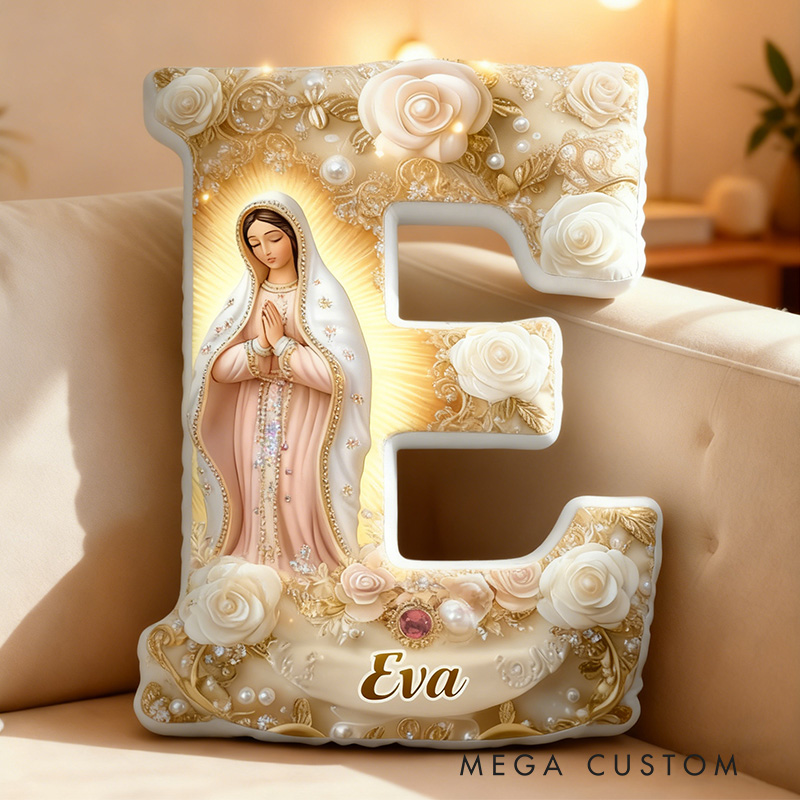 Personalized Virgin Mary Prayer Letter Pillow with Name Catholic Gift for Spiritual Home Decor Our Lady of Guadalupe Pearl White Rose Graphic 3D Print