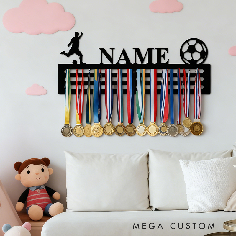 Personalized Soccer Medal Holder with Custom Name and Ball Design