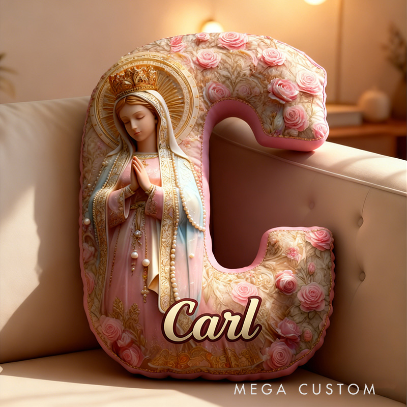 Personalized Virgin Mary Prayer Letter Pillow with Custom Name Faith Home Decor Catholic Gift for Her Blessed Mother Pink Rose Graphic 3D Print Pillow