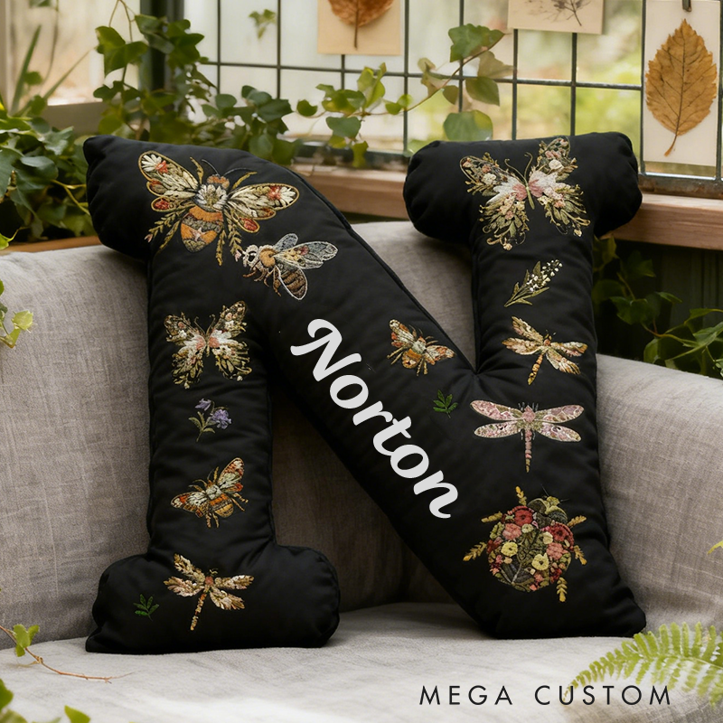 Personalized Bugs & Floral Initial Pillow Custom Outdoor Nature Lovers Pillow Gift for Nature Adventure Enthusiasts