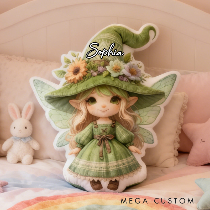 Personalized Green Fairy Pillow Garden Fae Fun Girl Pillow with Name for Kids Gardening Lovers Gift