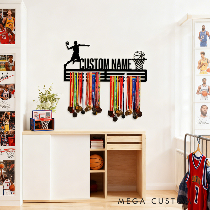 Personalized Basketball Medal Holder with Custom Name and Dunking Player Design
