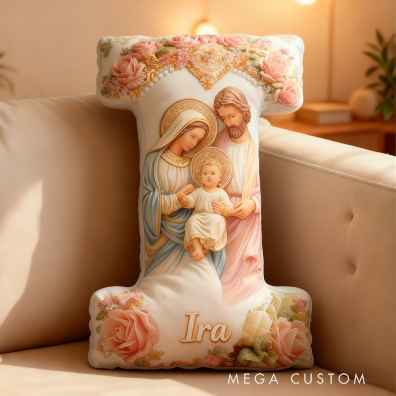 Personalized Nativity Scene Letter Pillow with Custom Name Religious Home Decor O Holy Night Pillow Gift for Prayer Mary Joseph Jesus Graphic 3D Print