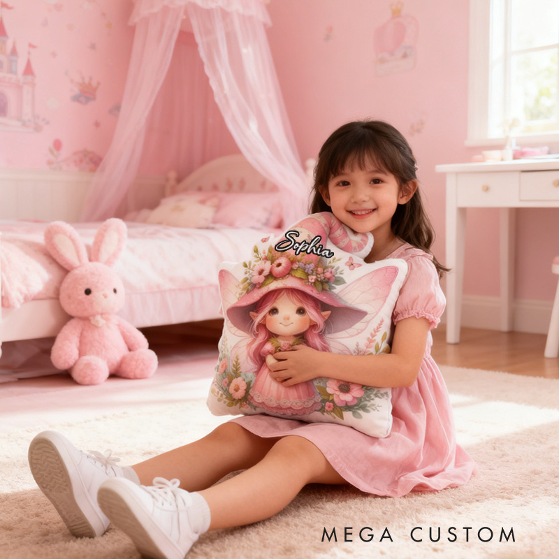 Personalized Fun Girl Pillow Pink Garden Fairy Pillow  with Name Gift for Kids Gardening Lovers Gift