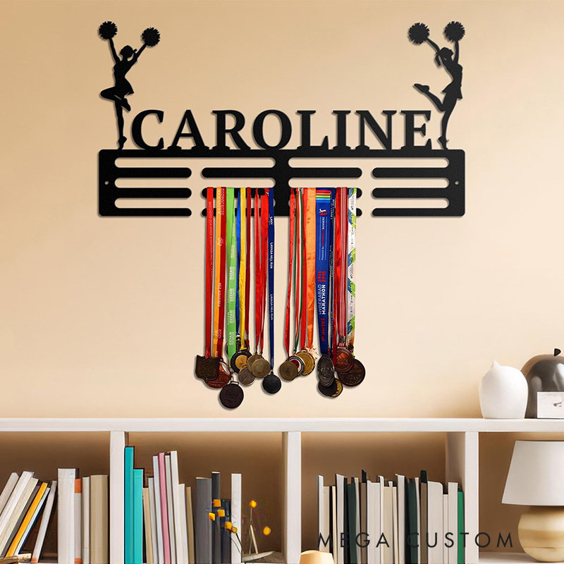 Personalized Cheerleading Medal Holder with Custom Name and Cheerleader Silhouettes Design