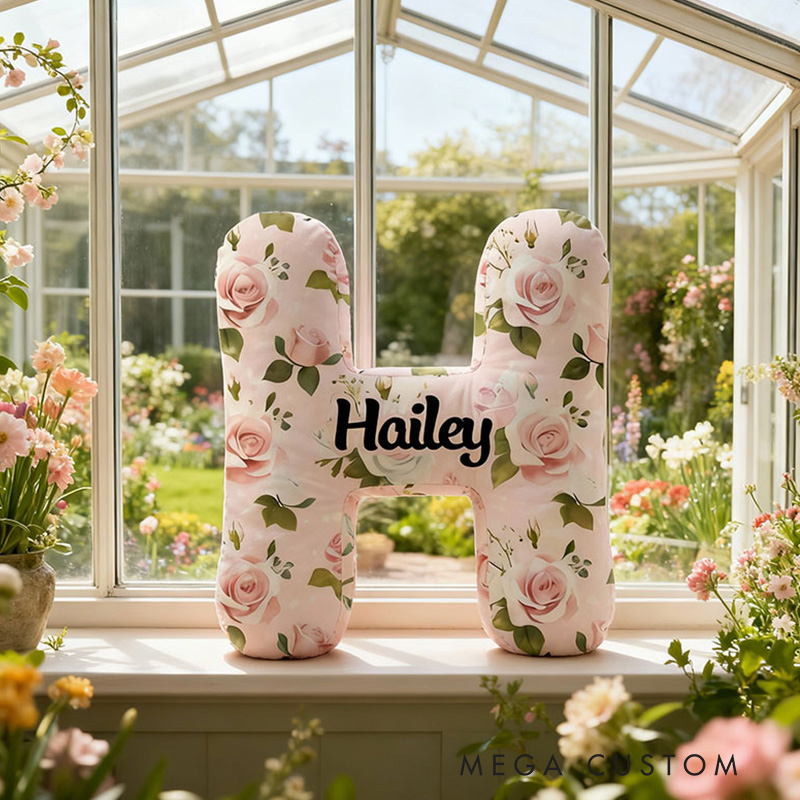 Personalized Letter Pillow with Pink Flowers Custom Name Pillow Gift for Kids Gardening Lovers Gift 