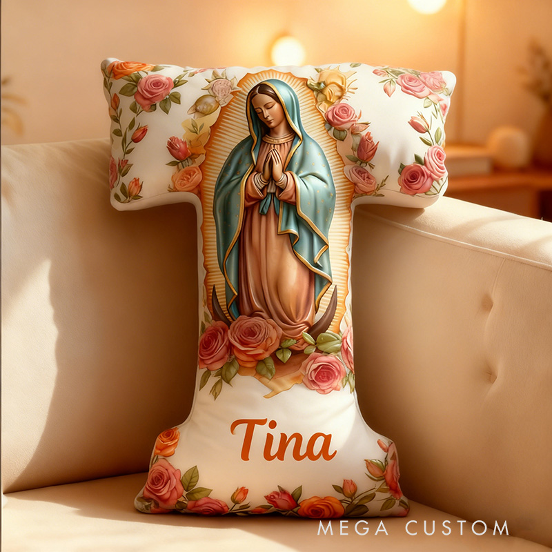 Personalized Virgin Mary Letter Pillow with Custom Name Home Decor Religious Christian Gift for Her Our Lady of Guadalupe Rose Graphic 3D Print Pillow