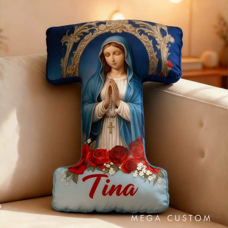 Personalized Virgin Mary Letter Pillow with Custom Name Home Decor Peace Light and Blessing Christian Gift for All Believers Red Rose Graphic 3D Print