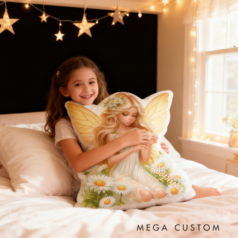 Personalized Daisy Fairy Throw Pillow Cute Garden Fairy Pillow with Name for Kids Girl Boy Gardener Christmas Gifts Loving Room Decor