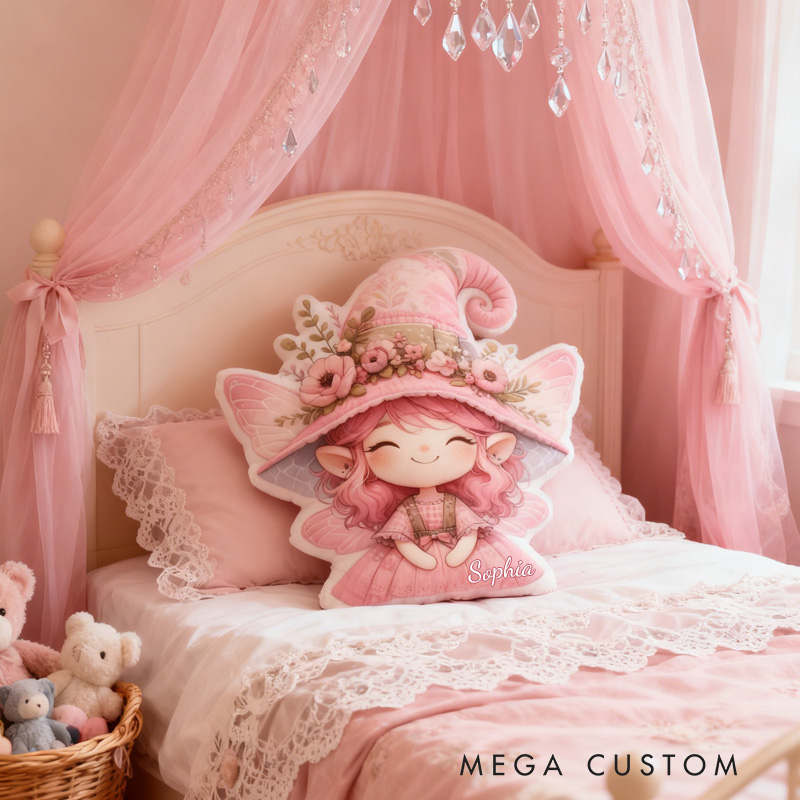 Personalized Cute Fairy Throw Pillow Pink Garden Fairy Pillow with Name for Kids Girl Boy Gardener Christmas Gifts Loving Room Decor