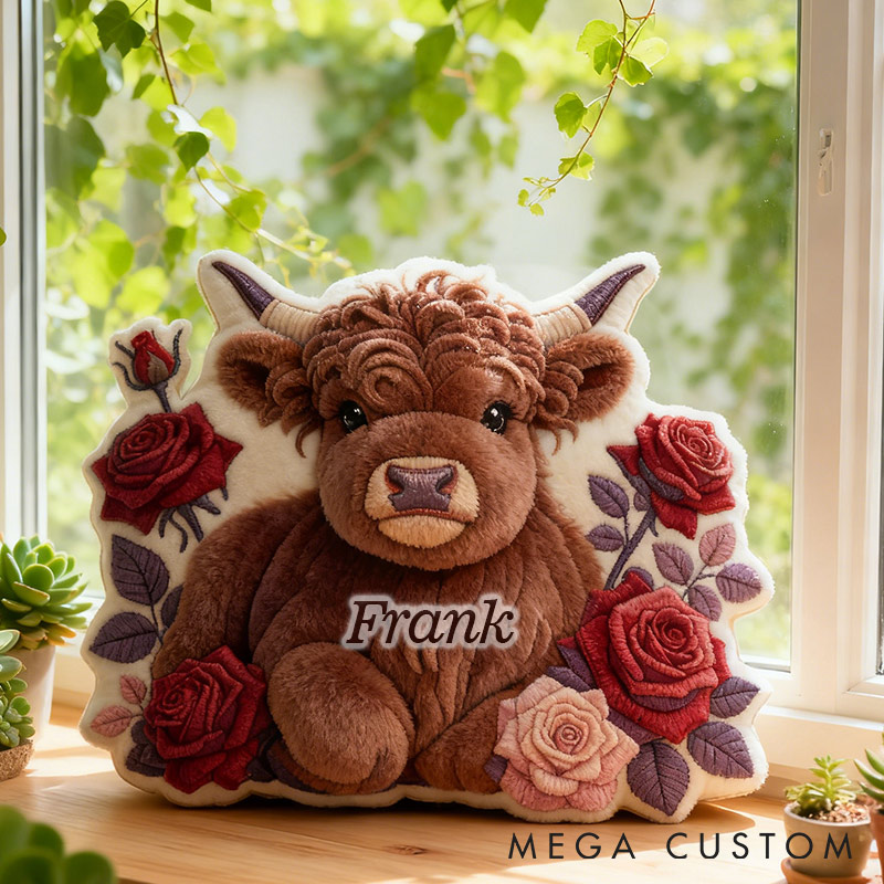 Personalized Rosy Highland Cow Garden Pillow with Custom Name Graphic 3D Print Pillow for Gardening Lovers
