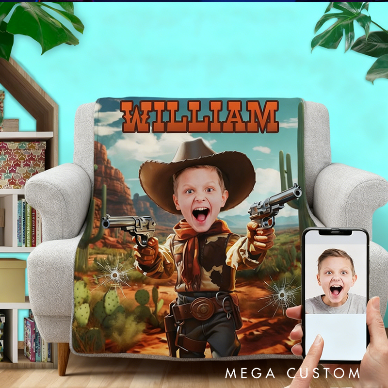 Personalized Cowboy Photo Blanket Western Boy Gift Outdoor Adventure Gift Kid