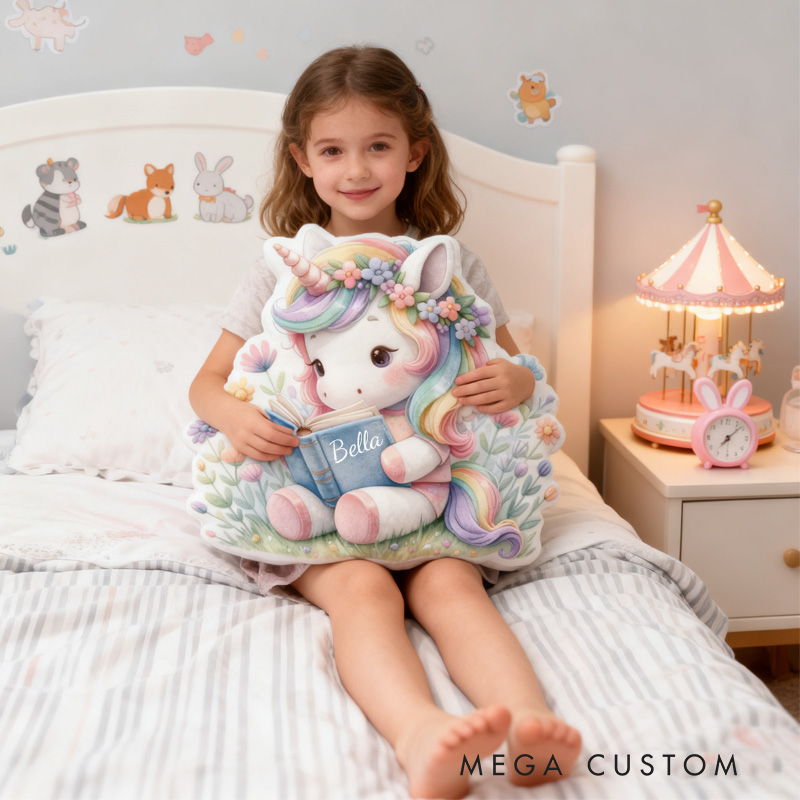 Personalized Reading Horse Throw Pillow Cartoon Horse Pillow with Name Book Pillow for Kids Boys Girls Book Lover Christmas Gift