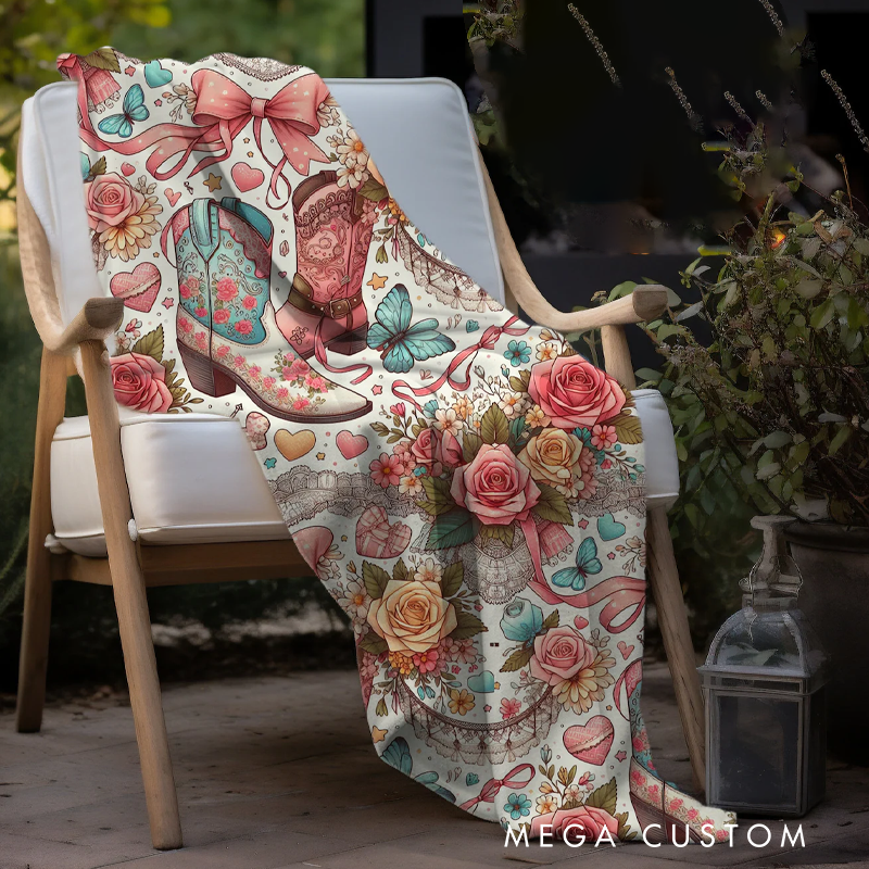 Personalized Coquette Cowgirl Plush Blanket  Dorm Room Decor Gift for Mom or Girlfriend Vintage Cowgirl Coquette Throw Blanket  Girly Decor