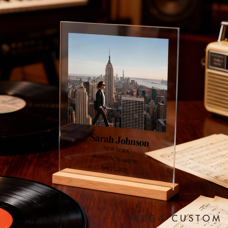 Personalized Acrylic Voyage Display with Wooden Base for Travel Lovers