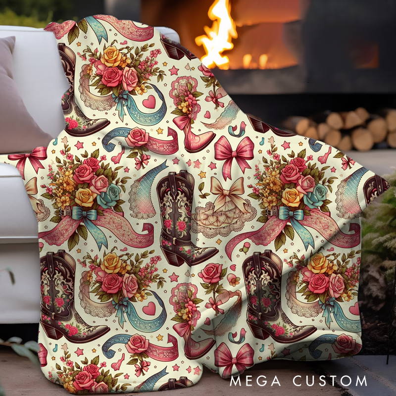 Personalized Floral Western Boots Blanket Coquette Cowgirl Plush Blanket Dorm Room Decor Gift for Mom or Girlfriend Outdoor Enthusiasts