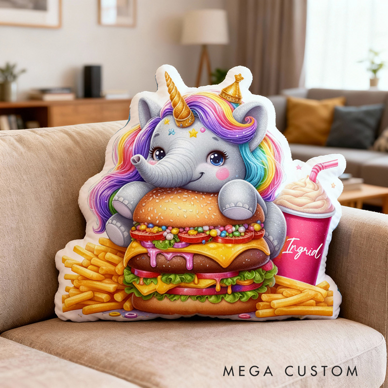 Personalized Elephant and Hamburger Throw Pillow with Name Cute Burger Pillow for Kids Girl Baker Christmas Gifts Loving Room Decor