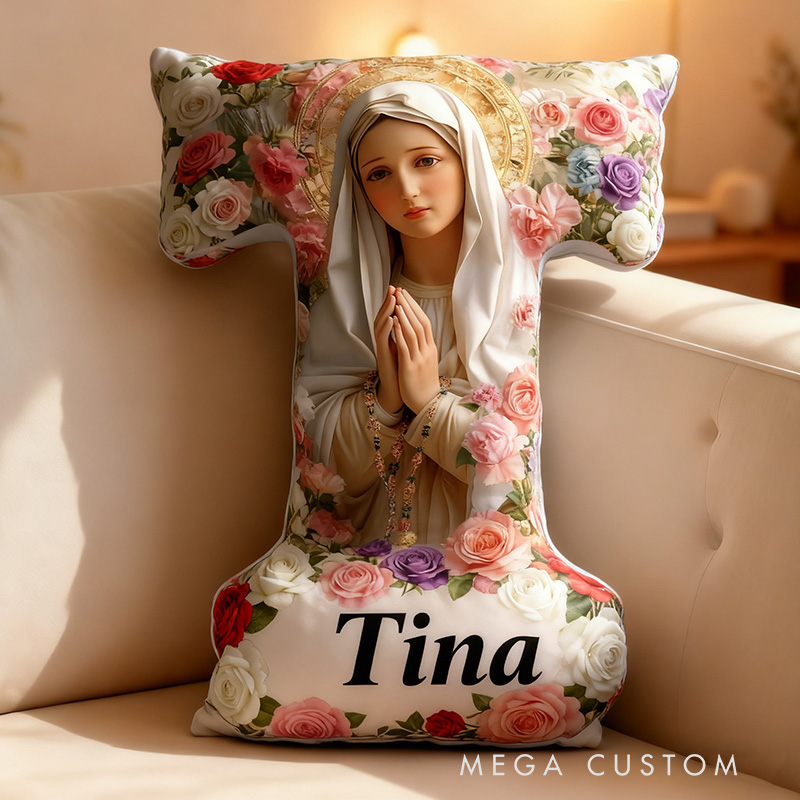 Personalized Virgin Mary Letter Pillow with Custom Name Home Decor Catholic Gift for Women Religious Gift for Believer Froral Graphic 3D Print Pillow