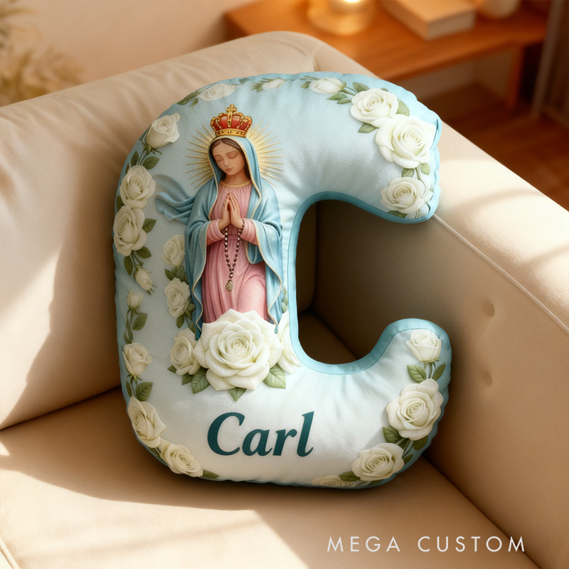 Personalized Virgin of Guadalupe Letter Pillow with Custom Name Religious Home Decor Catholic Prayer Gift for Her White Rose Graphic 3D Print Pillow