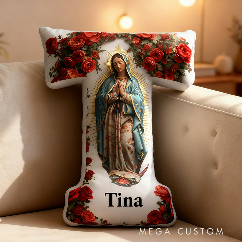 Personalized Our Lady of Guadalupe Letter Pillow with Custom Name Home Decor Catholic Gift for Her Blessed Virgin Mary Red Rose Graphic 3DPrint Pillow